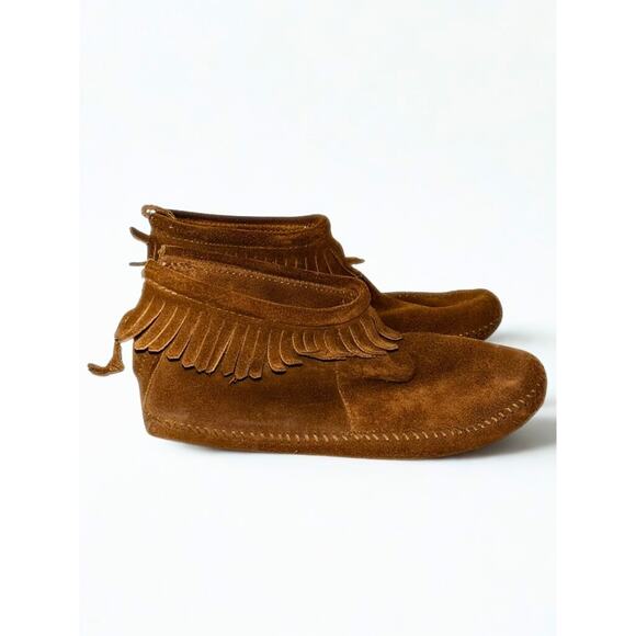 Minnetonka 283 Back Zip Fringe Ankle Boots Suede Brown Women’s Sz 9 w/ Box - Picture 7 of 16